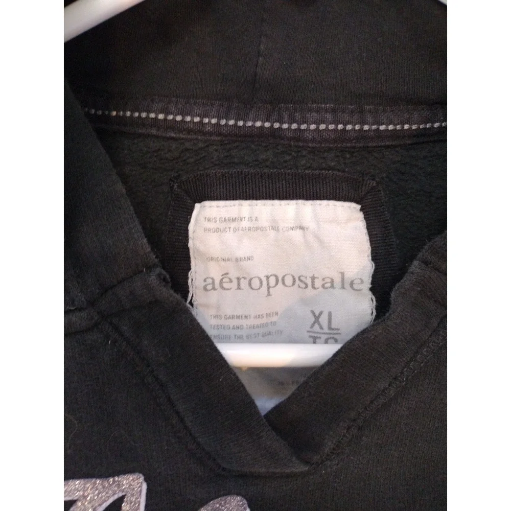 Aeropostale Hooded Sweatshirt Kid XL‎ Black Silver Glitter Logo Pullover Junior